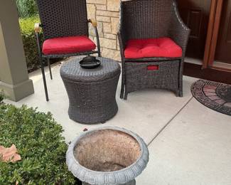 Two sets of these chairs and tables plus urn planters