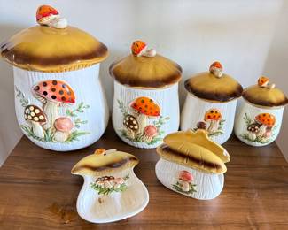 1978 Sears Roebuck Mushroom Canister, Spoon Rest & Napkin Holder Set