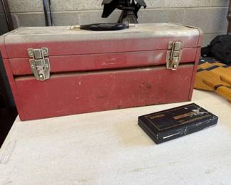 Vintage Red Metal Tool Box with Shelf