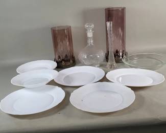 628 Lot 555 Milk glass plates glass decanter smoked glass