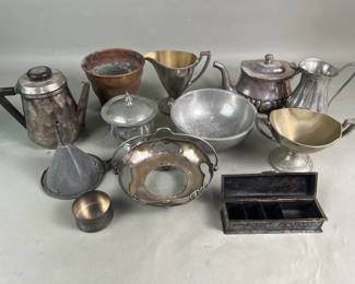 817 Lot 732 Box of pewter and silver plate teapot bowls