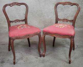 155 Lot 570 Pair of antique mahogany side chairs with upholstered needlepoint seats