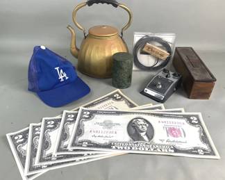 775 Lot 693 Box of miscellaneous Dodgers hat metal teapot