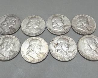 065 Lot 74 8 Franklin silver half dollar coins