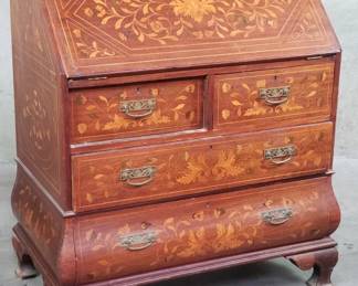 046 Lot 57 R J Horner and Co mahogany inlaid drop front secretary desk with key