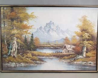 067 Lot 130 Morasvia signed vintage oil on canvas landscape featuring a cabin by a lake with autumn foliage and snow capped mountains