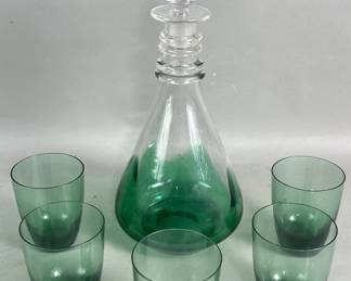 163 Lot 172 Mid century green glass decanter and cups