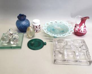 190 Lot 703 Group of vintage art glass bowls paperweight pitcher etc