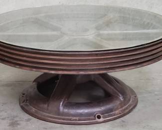 127 Lot 96 Antique mine shaft wheel coffee table with glass top