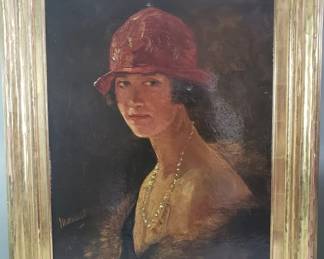 013 Lot 424 Antique signed Simon Maris 20th century Realism style oil on canvas portrait Lady in a Red Hat Dated
