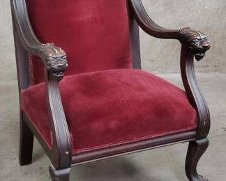 171 Lot 596 Vintage mahogany upholstered throne chair with lion head motifs