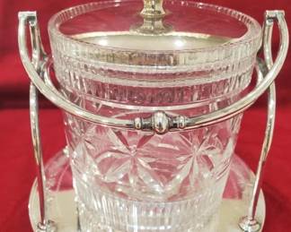 162 Lot 426h Antique Victorian silver plate biscuit barrel with cut glass body