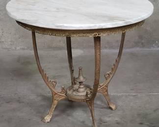 122 Lot 194 Antique brass tone metal and wood side table with marble top