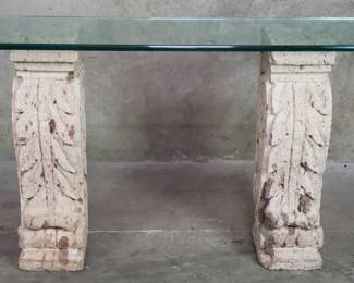 168 Lot 34 Vintage carved stone console table with glass top
