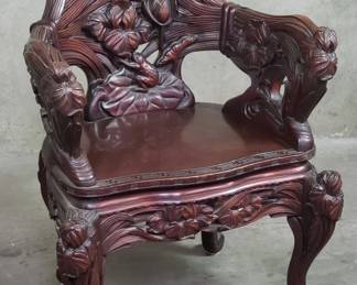 167 Lot 524 Vintage Asian hand carved throne chair with lotus flower motifs