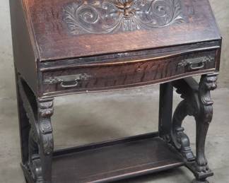 123 Lot 577 Antique carved oak drop front secretary desk with griffin motifs