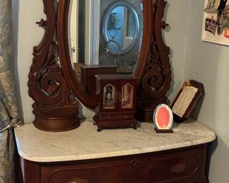 Antique Carved Wood Marble Top Dresser