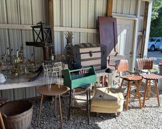 antiques, trunk,chandelier, bar stools
