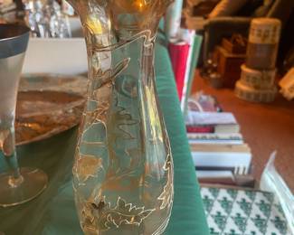 Vintage Amber Glass Vase with Etched Leaf Design