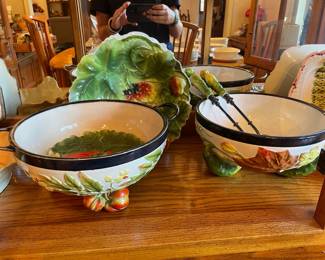 Vintage Majolica Style Vegetable Motif Serving Bowls with Servers