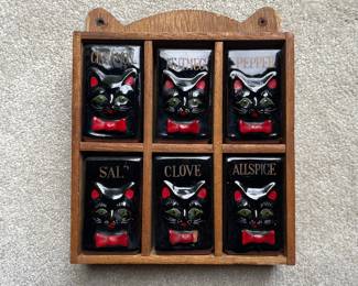 Vintage Shafford Black Cat Spice Jar Set with Wooden Rack