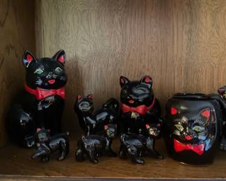 Vintage Shafford Black Cat Spice Jar Set with Wooden Rack