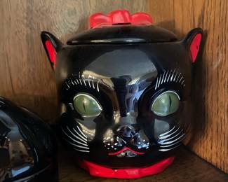 Vintage Shafford Black Cat Spice Jar Set with Wooden Rack