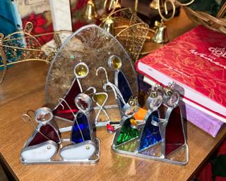 vintage handmade stained glass Christmas nativity tabletop set