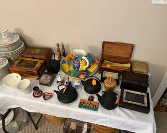 Cast iron tea kettles, wooden boxes, etc