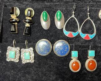 Sterling silver vintage earrings featuring genuine natural stones, including turquoise, malachite, lapis lazuli, and onyx