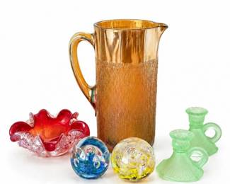 72 CarnivalGlassPitcherwithRuffledBowlCandlesticksPaperweights