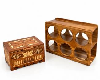 78 VintageFolkArtInlaidWoodBoxTrampArtandMCMWineRack