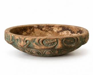 81 VintageCarvedDecorativePotteryBowlGreenBrown