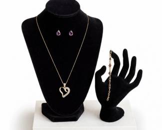 5 14kGoldAmethystHeartPendantNecklaceEarringsSet