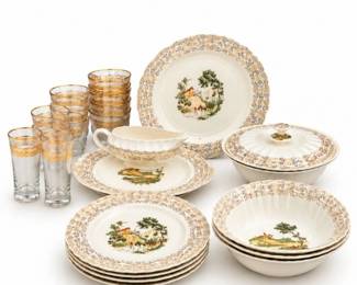 140 VintageGoldRimGlasswareScenicDinnerwareLot