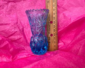 Blue Pressed Cut Glass Miniature Bud Vase
