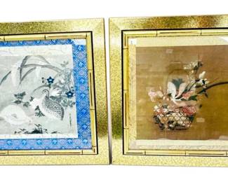 Two Gold Framed Quail Floral Vase Print Wall Hangings