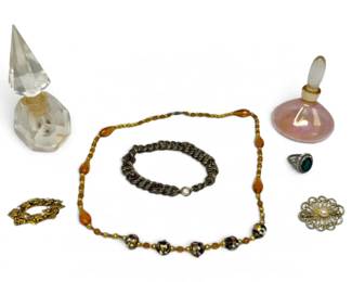 Bracelet, Pins, Necklace Costume Jewelry w Glass Perfume Bottles