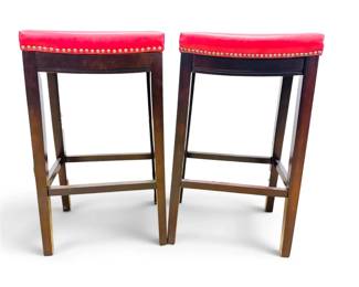 Two Red Faux Leather Wooden Bar Stools