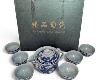Chinese Blue White Porcelain Dragon 7Piece Tea Set W Box