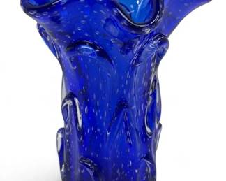 Vintage Cobalt Blue HandBlown Art Glass Vase w Ruffled Rim