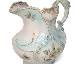 Antique D.F. Haynes Torquay Pitcher Baltimore Pottery w Floral Design GoldToned Rim