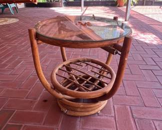 Mid-Century Modern Rattan and Glass Side Table