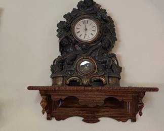 French Bronze Figural Mantel Clock with Wall Shelf