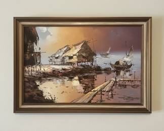 Vintage Mid-Century Asian Harbor Scene Oil Painting