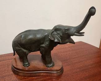 Bronze Elephant Sculpture on Wood Base