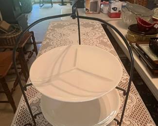 Two-Tiered Ceramic Serving Stand with Metal Frame