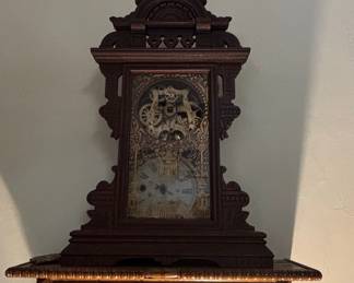 Antique Victorian Walnut Gingerbread Shelf Clock with Matching Wall Bracket