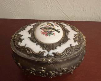 Vintage Ornate Metal and Porcelain Trinket Box