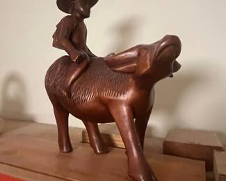 Hand-Carved Philippine Carabao and Farmer Sculpture
